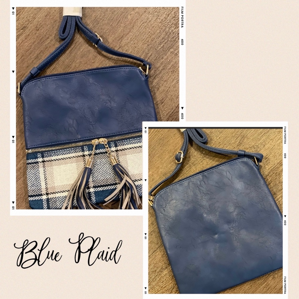 Blue & Plaid cross body purses 9”x9”
